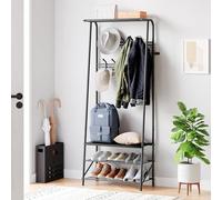 GarveeLife Coat Rack Stand with Shoe Bench, 3-in-1 Industrial Hall Tree with 10 Hooks & 4-Tier Shoe Storage, Heavy Duty Metal Frame Hallway Organiser for Entryway, Bedroom, Office, 60cm - Black
