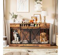 GarveeLife Dog Crate Furniture for 2 Dogs, 159 cm Double Dog Crate with Removable Divider & Sliding Doors, Heavy Duty Double Dog Cage with 2 Drawers & 2 Open Shelvers for Large & Medium Dogs-Brown