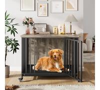 GarveeLife Dog Crate Furniture, Wooden Dog Crate with Lockable Rolling Wheels, Heavy Duty Dog Cage with Removable Tray & Secure Door Latch for Small Medium Large Dogs
