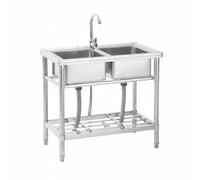 GarveeLife Double Bowl Stainless Steel Sink with Tap & Undershelf, Freestanding Catering Utility Sink 84x46x76cm, Commercial Kitchen Wash Basin for Restaurant, Garage, Garden