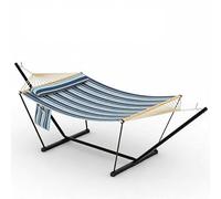 GarveeLife Double Hammock for 2 People - 3.6m Large Garden Swing Bed with Wooden Spreader Bar, Detachable Pillow, Chains & t-Shaped Bracket, 204kg Capacity - Outdoor Blue Stripes