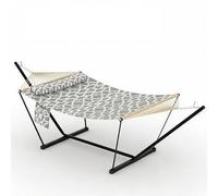GarveeLife Double Hammock for 2 People - 3.6m Large Garden Swing Bed with Wooden Spreader Bar, Detachable Pillow, Chains & t-Shaped Bracket, 204kg Capacity - Outdoor Light Gray