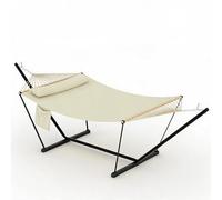 GarveeLife Double Hammock for 2 People - 3.6m Large Garden Swing Bed with Wooden Spreader Bar, Detachable Pillow, Chains & t-Shaped Bracket, 204kg Capacity - Outdoor Beige