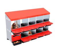 GarveeLife Efficient Egg Collection Metal Chicken Nesting Box - Roll Away Design, 10 Compartments, Pull-Out Cleanable Trays, Wall Mount, Durable Lid Cover, Red without bracket legs, 10-compartment egg