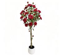 GarveeLife Lifelike 1.5m Artificial Red Rose Tree - Realistic Silk Flowers, Lush Green Foliage, Thick Trunk - Easy-Care Faux Plant for Indoor & Covered Outdoor Decor - Modern White Round Belly Pot