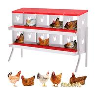 GarveeLife Metal Chicken Nesting Box - 10 Compartments with Rollout Egg Collection, Heavy-Duty Galvanized Steel, Large Vented Holes, Rustproof, Easy Install & Clean, Red, 10 Grids (With Bracket)