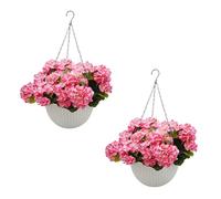 GarveeLife Pack of 2 Artificial Flowers Hanging Geranium Flowers with White Basket Decorative Artificial Flowers for Outdoor Home Decoration Garden Artificial Balcony Plants Pink