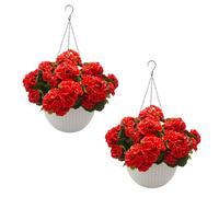 GarveeLife Pack of 2 Artificial Flowers Hanging Geranium Flowers with White Basket Decorative Artificial Flowers for Outdoor Home Decoration Garden Artificial Balcony Plants, Red