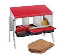 GarveeLife Roll-Out Chicken Nesting Box with 3 Compartments - Removable Galvanized Steel Trays & Perch - Easy-Clean Wall Mount or Freestanding Laying Box for Hens and Poultry - Sturdy Metal - Red