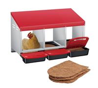 GarveeLife Roll-Out Chicken Nesting Box with 3 Compartments - Removable Metal Tray & Perch - Easy-Clean Wall Mount or Freestanding Laying Box for Hens, Ducks & Poultry - Durable Red Steel