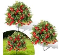 GarveeLife Set of 2 Artificial Boxwood Topiary Ball Trees - UV-Resistant Faux Greenery with Silk Flowers, Ground Spikes Included - Decorative Fake Shrubs for Indoor Outdoor Use, Planters & Weddings