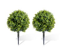 GarveeLife Set of 2 Artificial Cedar Topiary Ball Tree with Ground Spike, Indoor Outdoor Decorative Faux Shrub Bushes Plants Fake Greenery Cypress for Front Porch Garden Patio Home Office