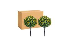 GarveeLife Set of 2 UV-Resistant Artificial Topiary Trees with Yellow Camellia Flowers - 60cm Realistic PE Leaf Faux Plants, Weatherproof, Metal Ground Spikes for Indoor & Outdoor Use