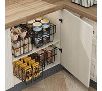 GarveeLife Stackable Chest Freezer Baskets - Carbon Steel Wire Kitchen Storage Racks with Handles - Durable Pantry & Freezer Organizer for Easy Access and Air Circulation, 37 x 15 x 18cm, Black - 4pcs