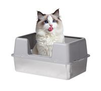 GarveeLife Stainless Steel Cat Litter Tray with Detachable Enclosure, Large High Sided Cat Litter Box with Lid, Easy Cleaning Metal Litter Pan with Scoop and Anti-Slip Mat,Anti-Leakage,50x35x23cm,Grey