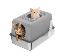GarveeLife Stainless Steel Cat Litter Tray with Front and Top Exit Enclosed High-Sided Design Cat Litter Box with Lid 20L Cat Toilet Anti-Leakage with Scoop, Odour-Resistant