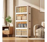 GarveeLife Storage Boxes with Lid - 4 Tier Plastic Storage Box with Lid, Stackable Boxes with Wheels, Storage Drawers with Front Door, Plastic Box for Home and Office, White, 4 Packs