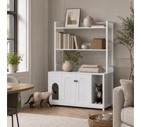 GarveeMore 132cm Large Cat Litter Box Enclosure with Storage Shelf, Hidden Cat Litter Tray Cabinet, Modern Metal Frame Litter Box Cover with Scratch Mat, Indoor Space-saving Cat Furniture, White