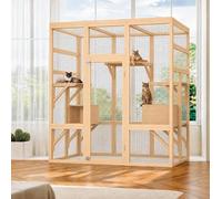 GarveeMore 2-in-1 Walk-In Outdoor Catio Cat Enclosure & Wooden Cat House - UV-Resistant Polycarbonate Roof - Secure Metal Mesh - 5 Platforms - 180x88x170cm - 591 Cat House Natural Wood