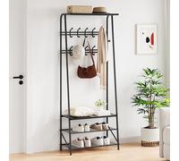 GarveeMore 4-in-1 Hall Tree Coat Rack with Shoe Storage Bench, Freestanding Entryway Organizer w/Clothes Rail, 10 Hooks, Steel Frame, Black, Double Row Hook 60 Width Black