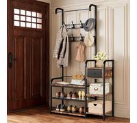 GarveeMore 5-in-1 Entryway Hall Tree Organizer, Storage Bench, 2-Tier Shoe Rack, 8 Hooks, Drawer, Shelves, Freestanding Coat Rack for Small Spaces, Bedroom, Rustic Brown