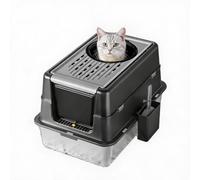 GarveeMore Extra-Large Stainless Steel Enclosed Cat Litter Box with Turnover-Top Lid - High-Sided Leakproof Odor Control Pan - Front Entry/Top Exit - Easy Clean w/Scoop - Deep Black, 60 x 40 x 38.5