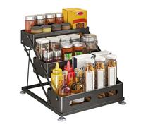 GarveeMore Spice Racks Organiser - 3 Tier Iron Spice Shelf Kitchen Seasoning Organizer with Suction Cup at the Bottom, Foldable, Adjustable Height, for Kitchen, Countertop, Pantry, Bathroom, Black