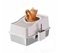 GarveeMore Stainless Steel Cat Litter Tray, Extra Large Cat Litter Tray 60x40x39.5 cm, Enclosed Design with Scoop and Noise Reduction Mat, Easy to Clean, Leak-Proof High Sides