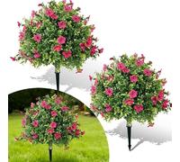 GarveeMore UV Resistant Artificial Boxwood Topiary Ball Trees, 2-Pack 24 Inch - Realistic Faux Shrubs with Rose Red Flowers & Ground Spikes for Indoor Outdoor Garden, Porch, Patio - Rose Red