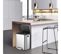 GarveeTech 2 x 15L Dual Trash Can, Kitchen Bin with Dual Compartments & Soft-Close Lids, Double Recycling Bin with Strong Steel Pedal, Fingerprint-Resistant Stainless Steel for Kitchen, Office