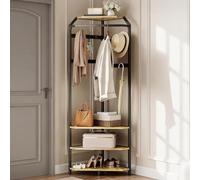 GarveeTech Corner Coat Rack with Shoe Bench, Freestanding Hall Tree with 6 Double Hooks & 3-Tier Corner Shelving Unit, Wooden Entryway Storage for Entryway, Hall, Bedroom, Living Room