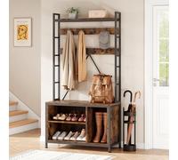 GarveeTech Industrial Coat Rack with Shoe Storage, Wooden Hall Tree Stand