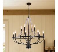 Garwarm 12-Light Dimmable Wagon Wheel Chandelier with Beaded Accents in Black Garwarm Black