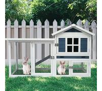 GARWOOD Large Outdoor Indoor Rabbit Hutch Wooden Bunny Rabbit Cage 2-Story with Run No-Leak Pull-Out Tray Waterproof Asphalt Roof Ramp for Guinea Pig Small Animal Wood Pet House Home Blue White