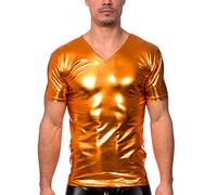 Gary Majdell Sport Men's Liquid Shiny Metallic V - Neck Short Sleeve T - Shirt for Nightclub (Liquid Copper, Medium)