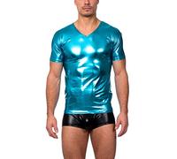 Gary Majdell Sport Men's Liquid Shiny Metallic V - Neck Short Sleeve T - Shirt for Nightclub (Liquid Turquoise, Medium)