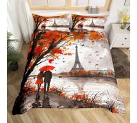 (Gary Orange, Super King(No Comforter)) Homewish Paris Bedding Set Romantic Eiffel Tower Painting Comforter Cover,Fall Leaves Cityscape Duvet Cover Double Paris Gifts Bed Set for Woman
