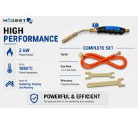Högert Technik HT2C511 Gas Burner Set, Soldering Torch with 2 kW Power, 1850C Flame Temperature, Includes 1.5 m Hose and Key, for Soldering and Flaming
