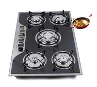Gas Cooker, 5 Burners Built In Gas Hob, Black Tempered Glass Hob Cooktop, Stainless Steel Glass Top Kitchen Stoves Cooker Gas Burners 5 Ring Campervan Cooktops Gas Cookers, NG/LPG Convertible