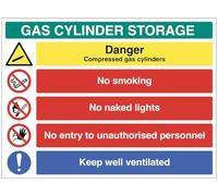 Gas cylinder storage: Danger compressed gas, no smoking, no naked flames, no entry to unauthorised personnel, keep well ventilated (semi rigid pvc safety sign)