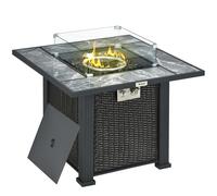 Gas Fire Pit Table Black Rattan 80x80x61cm 50,000BTU Glass Wind Guard with Cover