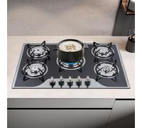 Gas Hob 5 Burners Built-in Stove 2in 1Cooktop Hob Cooker Electronic Pulse Lgnition LPG/NG Tempered Glass Hob for Glass, Ceramic, Iron Pots, Domestic, Commercial, Homes, Restaurants-Black, 77 x 51cm