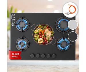 Gas Hob 70 cm 5 Burner Glass Ceramic Double Gas Cooker Hob Black Gas Burner Hob