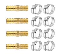 Gas Hose, 10mm Air Line Connectors, 4 Pcs 2 Way Straight Brass Hose Connector with 8 Pcs Stainless Steel Pipe Clamps for Water, Fuel & Gas