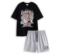 Gas Monkey Garage Mens Black Short Sleeve Pyjama Set | Grey Shorts with Elastic Waistband | Classic Loungewear Featuring Gas Monkey Logo | Car & Checkered Flag Design - Small