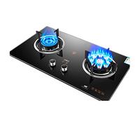 Gas Stove 2 Burners, 4.8/5.2KW 9 Cavity Timed High Fire, Black Tempered Glass Cast Iron Pot Holder, For Home Kitchen With Flameout Protection(NG)