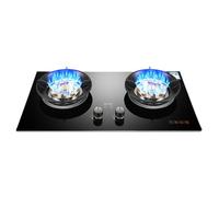 Gas Stove 2 Burners, 5.2KW 9 Cavity Timed High Fire, Black Tempered Glass Cast Iron Pot Holder, For Home Kitchen With Flameout Protection(LPG)