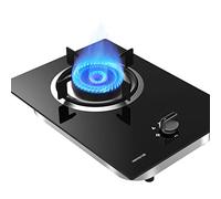 Gas Stove 20CM, Single Port 4.8KW Tabletop Gas Fire Ring with Flame Out Protection, Black Tempered Glass Top for Home Kitchen
