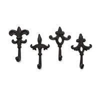 Gasare, Cast Iron Wall Hooks, Fleur De Lis Decorative Wall Mounted Hangers, Size around 6 x 2 ¾ inches, Made of Rustic Cast Iron, Antique Rust Brown Color, Include Screws and Anchors, Set of 4
