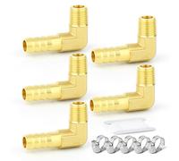GASHER 5 Pieces Brass Hose Barb Reducer 90 Degree Elbow 3/8 Inch BSP to 10mm with 5 Hose Clam, Brass Barb Reducer Splicer Fitting Fuel/AIR/Water/Oil/Gas/WOG